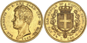 ITALIE
Savoie-Sardaigne, Charles-Albert (1831-1849). 100 lire 1840, ancre, Gênes. Fr.1139 ; Or - 32,24 g - 34 mm - 6 h
Choc sur la tranche au revers à...