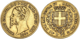 ITALIE
Savoie-Sardaigne, Victor-Emmanuel II (1849-1861). 20 lire 1859, Tête d’aigle, Turin. Fr.1146 ; Or - 6,45 g - 21 mm - 6 h
TTB.