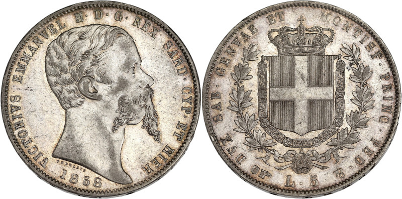 ITALIE
Savoie-Sardaigne, Victor-Emmanuel II (1849-1861). 5 lire 1858 B, Tête d’a...