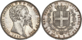 ITALIE
Savoie-Sardaigne, Victor-Emmanuel II (1849-1861). 5 lire 1858 B, Tête d’aigle, Turin. KM.144.1 ; Argent - 24,92 g - 37 mm - 6 h
Rare. Belle qua...