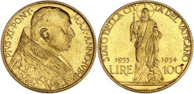 ITALIE
Vatican, Pie XI (1922-1939). 100 lire 1934, Rome. Fr.284 ; Or - 8,80 g - 23,5 mm - 6 h
Superbe à Fleur de coin.