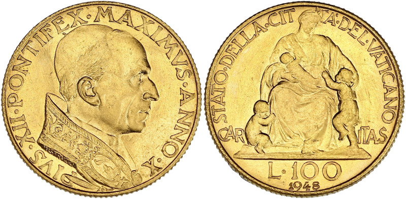 ITALIE
Vatican, Pie XII (1939-1958). 100 lire 1948, Rome. Fr.288 ; Or - 5,20 g -...