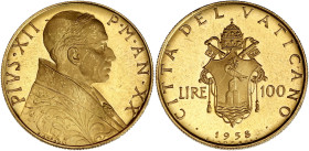 ITALIE
Vatican, Pie XII (1939-1958). 100 lire 1958, Rome. Fr.291 ; Or - 5,17 g - 21 mm - 6 h
Superbe à Fleur de coin.
