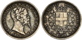 ITALIE
Savoie-Sardaigne, Victor-Emmanuel II (1849-1861). 50 centesimi 1860, M, Milan. KM.121.3 ; Argent - 2,45 g - 18 mm - 6 h
TB.