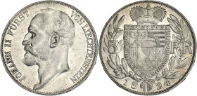 LIECHTENSTEIN
Jean II, prince (1858-1929). 5 francs 1924, Berne. HMZ.1379a - Divo 104 ; Argent - 24,93 g - 37 mm - 12 h
Beau TTB.