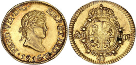 MEXIQUE
Ferdinand VII (1808-1833). 1/2 escudo 1816, M°, Mexico. Fr.57 ; Or - 1,68 g - 15 mm - 12 h
TTB.
