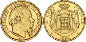 MONACO
Charles III (1853-1889). 100 (Cent) francs 1882, A, Paris. G.MC.122 - CC.179 - Fr.11 ; Or - 32,23 g - 35 mm - 6 h
TTB.