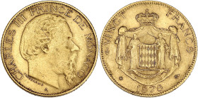 MONACO
Charles III (1853-1889). 20 (vingt) francs 1878, A, Paris. G.MC.120 - CC.178 - Fr.12 ; Or - 6,45 g - 21 mm - 6 h
Reste de brillant. TTB à Super...
