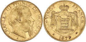 MONACO
Charles III (1853-1889). 20 (vingt) francs 1879, A, Paris. G.MC.120 - CC.178 - Fr.12 ; Or - 6,42 g - 21 mm - 6 h
TTB.