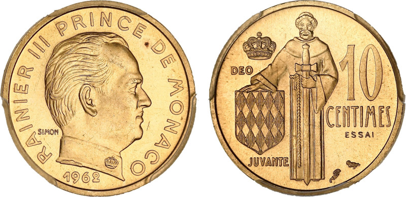 MONACO
Rainier III (1949-2005). Essai de 10 centimes en or 1962, Paris. G.MC146 ...