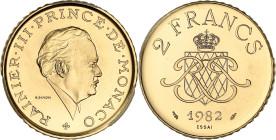 MONACO
Rainier III (1949-2005). Essai de 2 francs en or 1982, Paris. G.MC151 - Fr.35e ; Or - 15,4 g - 26,5 mm - 6 h
PCGS SP65 (45080474). Fleur de coi...