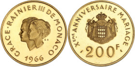 MONACO
Rainier III (1949-2005). 200 francs or Grace et Rainier III 1966. G.MC.167 - Fr.32 ; Or - 31,86 g - 35 mm - 6 h
Exemplaire en belle épreuve (PR...
