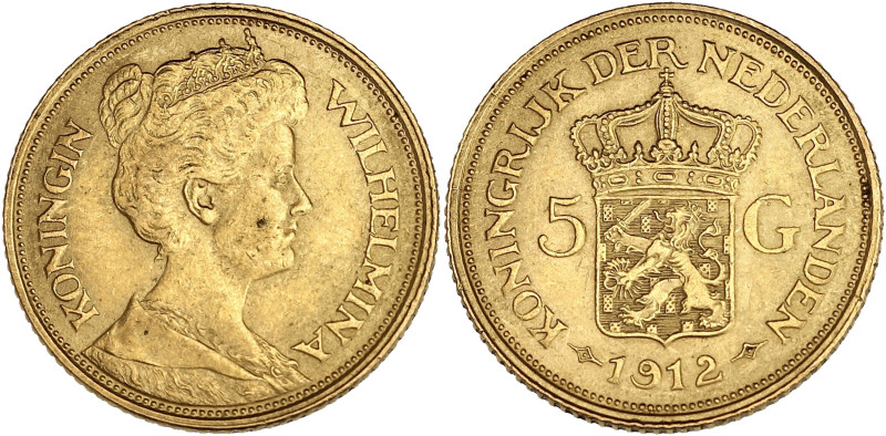 PAYS-BAS
Wilhelmine (1890-1948). 5 gulden 1912. Fr.350 ; Or - 3,33 g - 18 mm - 6...