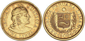 PÉROU
République. 1 libra 1908, Lima. Fr.73 ; Or - 7,93 g - 22 mm - 6 h
Superbe.