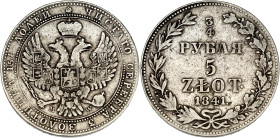 POLOGNE
Nicolas Ier (1825-1855). 5 zlotych - 3/4 rouble 1841. KM.133 ; Argent - 15,05 g - 33 mm - 12 h
TB.