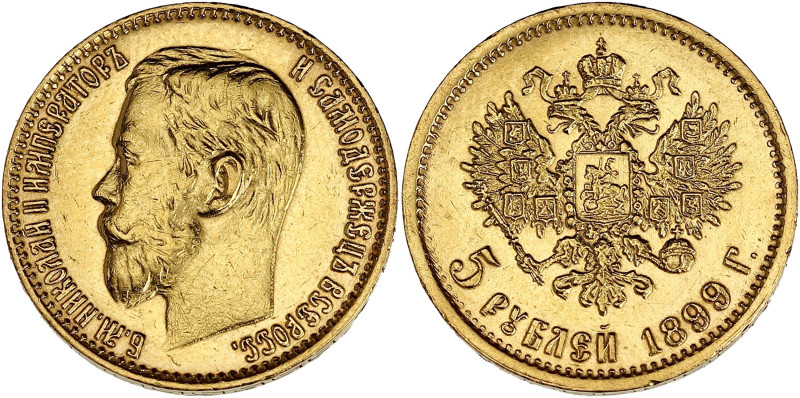 RUSSIE
Nicolas II (1894-1917). 5 roubles 1899, Saint-Pétersbourg. Fr.180 ; Or - ...