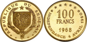 SÉNÉGAL
République. 100 francs 1968. Fr.1 ; Or - 31,96 g - 34 mm - 6 h
Type peu commun. Une des rares monnaies d’or du Sénégal. Superbe.