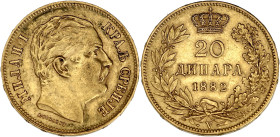 SERBIE
Milan Ier (1882-1889). 20 dinara 1882, V, Vienne. KM.17.1 - Fr.4 ; Or - 6,41 g - 21 mm - 6 h
TTB.