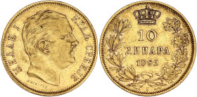 SERBIE
Milan Ier (1882-1889). 10 dinara 1882, V, Vienne. Fr.5 ; Or - 3,19 g - 19 mm - 6 h
TTB.