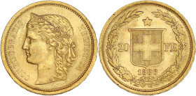 SUISSE
Confédération Helvétique (1848 à nos jours). 20 francs 1886, Berne. Fr.495 ; Or - 6,45 g - 21 mm - 6 h
Avec tout son brillant d’origine. Superb...