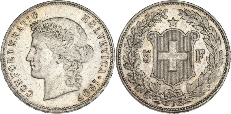 SUISSE
Confédération Helvétique (1848 à nos jours). 5 francs 1907, B, Berne. KM....