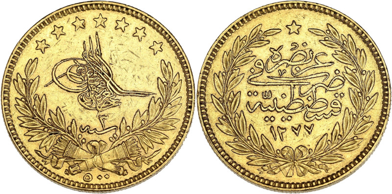 TURQUIE
Abdülaziz (1861-1876). 500 kurush AH 1277/3 (1862). Fr.125 ; Or - 36,05 ...