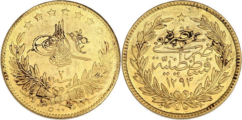 TURQUIE
Abdülhamid II (1876-1909). 500 kurush AH 1293/2 (1877). Fr.136 ; Or - 36...