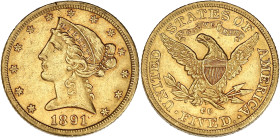 USA
République fédérale des États-Unis d’Amérique (1776-à nos jours). 5 dollars Liberty 1891, CC, Carson City. Fr.146 ; Or - 8,32 g - 21 mm - 6 h
Pres...
