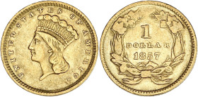 USA
République fédérale des États-Unis d’Amérique (1776-à nos jours). 1 dollar 1857, Philadelphie. Fr.94 ; Or - 1,62 g - 15 mm - 6 h
TTB.