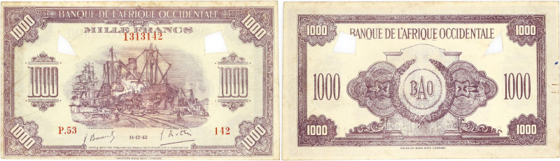 BILLET
Afrique Occidentale. 1000 francs type 1942, ANNULE, faux d’époque ? 1942....