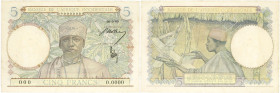 BILLET
Afrique Occidentale. 5 francs type 1934, valeur faciale en bleu ciel, SPECIMEN ND (1941-1942). K.163 - P.25s ;
TTB à Superbe.
