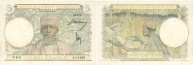 BILLET
Afrique Occidentale. 5 francs type 1934, valeur faciale en bleu ciel, SPECIMEN ND (1941-1942). K.163 - P.25s ;
Superbe.