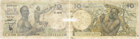 BILLET
Afrique Occidentale. 10 francs type 1946, SPECIMEN ND (1946-1948). K.183a - P.37s ;
Rousseurs et manque de papier à droite. TB.