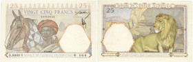 BILLET
Afrique Occidentale. 25 francs type 1933, valeur faciale en rouge, SPECIMEN ND (1942). K.168c - P.27s ;
Léger manque en haut à gauche sinon Sup...