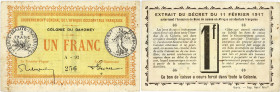 BILLET
Dahomey. 1 franc, Gouvernement Général de l’Afrique Occidentale Française 1917. P.2a ;
PCGS Choice VF 35 Details (38117535). TB.