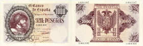 BILLET
Espagne. 1000 pesetas Carlos I 1940 (1943). P.125a ;
PCGS Choice EF 45, OPQ (38118366). Superbe.