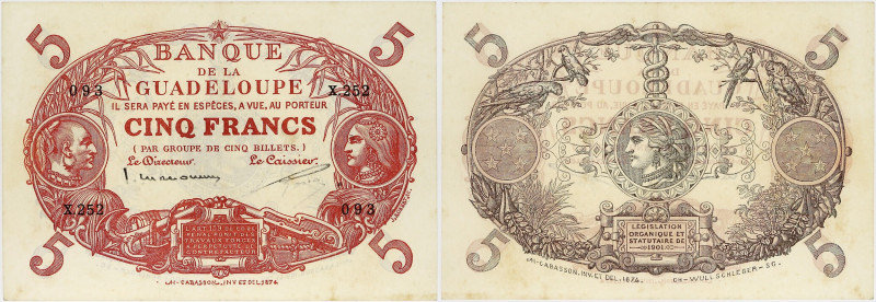 BILLET
Guadeloupe. 5 francs Cabasson rouge ND (1934-1943). P.7c ;
PCGS 53 Detail...