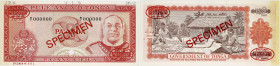 BILLET
Tonga. 2 pa’anga, SPECIMEN TDLR n°001 1974-1989. P.20s ;
PMG Uncirculated 62 (8086056-014). Annotations de l’imprimeur. Superbe.