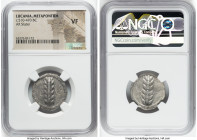 LUCANIA. Metapontum. Ca. 510-470 BC. AR stater (23mm, 12h). NGC VF. META, barley grain ear; guilloche border on raised rim / Incuse barley grain ear; ...