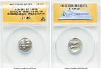 MOESIA. Istrus. Ca. 4th century BC. AR drachm (18mm, 12h). ANACS XF 40. Two male heads side-by-side, the left inverted / IΣTPIH, sea eagle standing le...