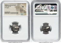 THRACE. Byzantium. Ca. 350-300 BC. AR siglos (18mm). NGC XF, punch mark. Bull standing left on dolphin left; ΠY above / Quadripartite incuse square of...