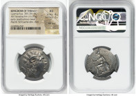 THRACIAN KINGDOM. Lysimachus (305-281 BC). AR tetradrachm (28mm, 16.22 gm, 11h). NGC AU 4/5 - 2/5, flan flaw. Thessaly. Diademed head of deified Alexa...