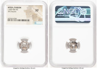 MYSIA. Parium. Ca. 500-450 BC. AR drachm (13mm). NGC XF. Gorgoneion facing with open mouth and protruding tongue / Crude disjointed incuse square with...