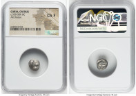 CARIA. Cnidus. Ca. 530-500 BC. AR diobol (11mm, 12h). NGC Choice Fine. Head of roaring lion right; beaded square border / Archaic head of Aphrodite ri...