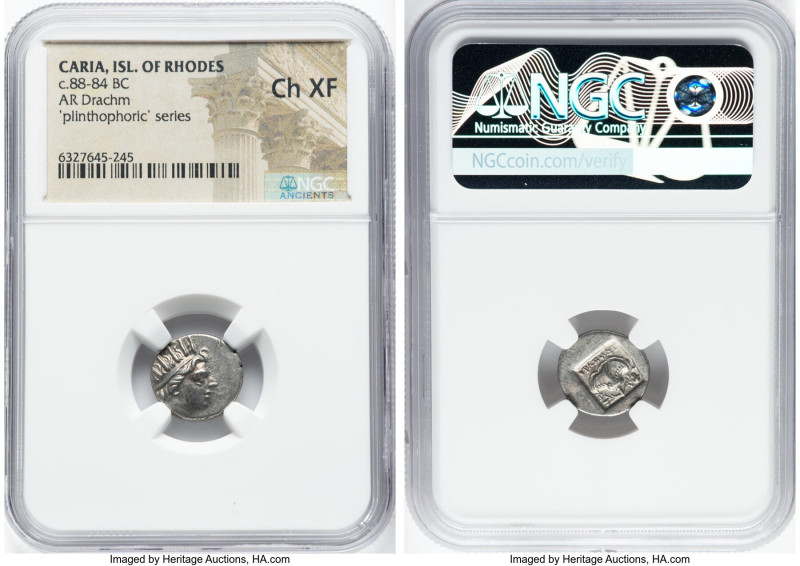 CARIAN ISLANDS. Rhodes. Ca. 88-84 BC. AR drachm (14mm, 10h). NGC Choice XF. Plin...