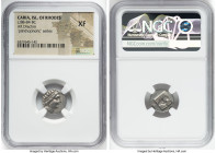 CARIAN ISLANDS. Rhodes. Ca. 88-84 BC. AR drachm (14mm, 11h). NGC XF. Plinthophoric standard, Philostratus, magistrate. Radiate head of Helios right / ...
