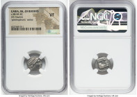 CARIAN ISLANDS. Rhodes. Ca. 88-84 BC. AR drachm (13mm, 11h). NGC VF. Plinthophoric standard, Callixeinus, magistrate. Radiate head of Helios right / K...