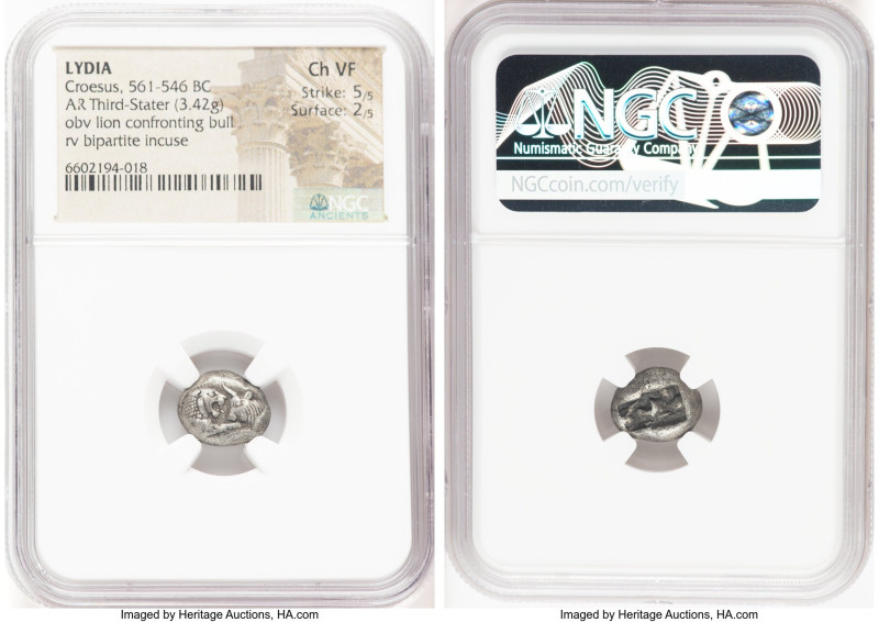 LYDIAN KINGDOM. Croesus (561-546 BC). AR third-stater (13mm, 3.42 gm). NGC Choic...