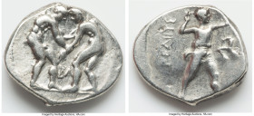 PAMPHYLIA. Aspendus. Ca. 380-225 BC. AR stater (24mm, 10.73 gm, 11h). Fine. Two wrestlers grappling; BA between, all in dotted circle / EΣTFEΔIIYΣ, sl...