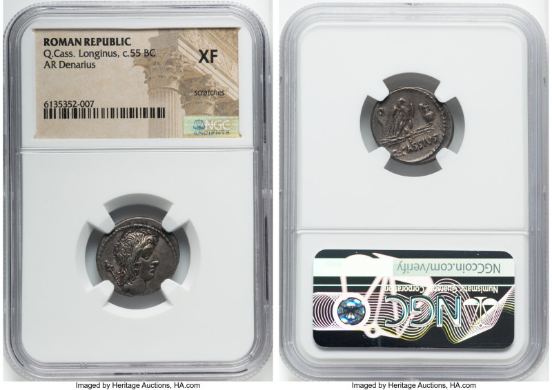 Q. Cassius Longinus (ca. 55 BC). AR denarius (19mm, 5h). NGC XF, scratches. Rome...